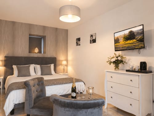 Chambre élégante à La Biche Au Bois avec lit, cheminée, TV et vue sur le jardin à Moncléra