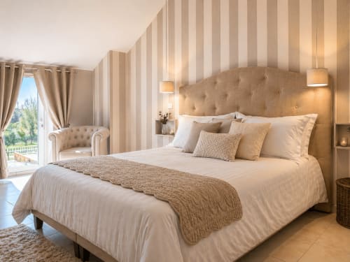 Chambre élégante à La Biche Au Bois à Moncléra avec murs à rayures beige, tête de lit capitonnée et literie crème