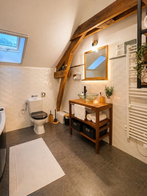 Salle de bain mansardée moderne avec poutres en bois, vasque, miroir, toilettes et puits de lumière au gîte La Biche Au Bois