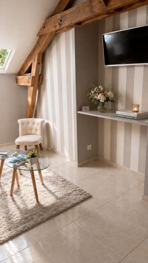 Suite chambre moderne à La Biche Au Bois B&B à Moncléra avec poutres apparentes, murs rayés, fauteuil crème et TV écran plat
