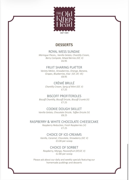 The Old Kings Head desserts menu featuring Royal Mess Sundae, cheesecake, and ice cream in Kirton