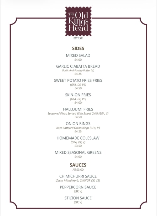The Old Kings Head menu page showing sides and sauces including salads, fries, ciabatta bread, and dipping sauces