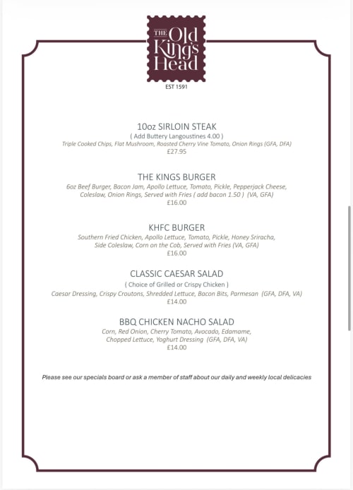 The Old Kings Head menu featuring sirloin steak, burgers, and salads in Kirton