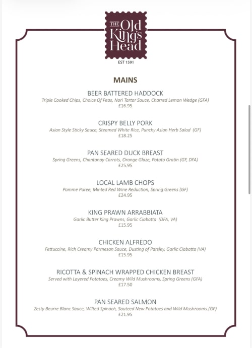 The Old Kings Head mains menu featuring beer battered haddock, crispy belly pork, duck breast, lamb chops, and salmon dishes