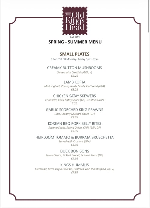 The Old Kings Head spring-summer menu featuring small plates including mushrooms, lamb kofta, chicken satay, and king prawns
