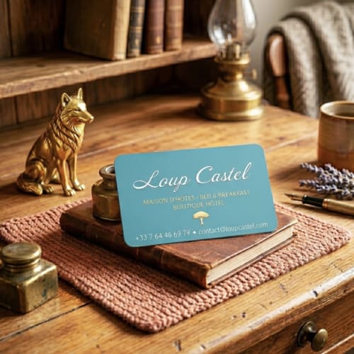 Blaue Visitenkarte für das Gästehaus Loup Castel auf einem Lederjournal zwischen vintage Schreibtischaccessoires