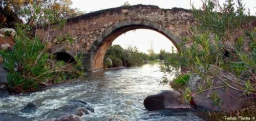 Puente de piedra histórico arqueado que cruza un río con exuberante vegetación, España