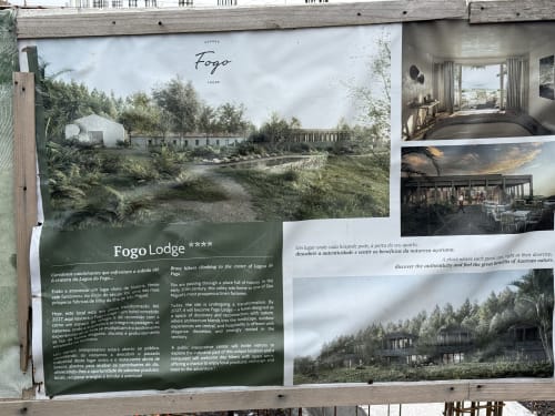 Fogo Lodge architectural renderings showing modern lodges nestled in lush landscape with dining and bedroom interiors,