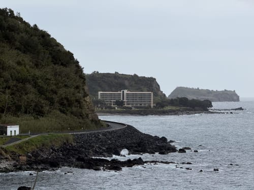 Golden Mermaid Villa cliffside hotel overlooking rocky coastline in Ribeirinha, Portugal with lush greenery