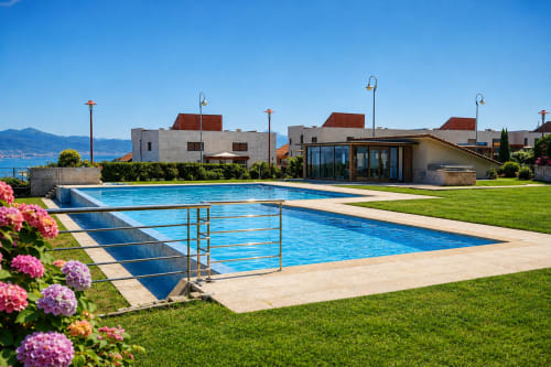 Piscinas zona comunitaria en apartamento Holibai en Baiona con vistas al mar, jardines cuidados y arquitectura moderna
