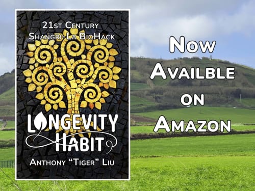 Longevity Habit book cover by Anthony Tiger Liu displayed in green Ribeirinha countryside landscape