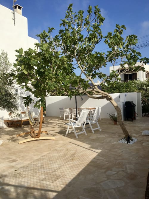 Villa Alegria patio in Cala d'Or with shaded seating, fig tree, and Mediterranean white architecture