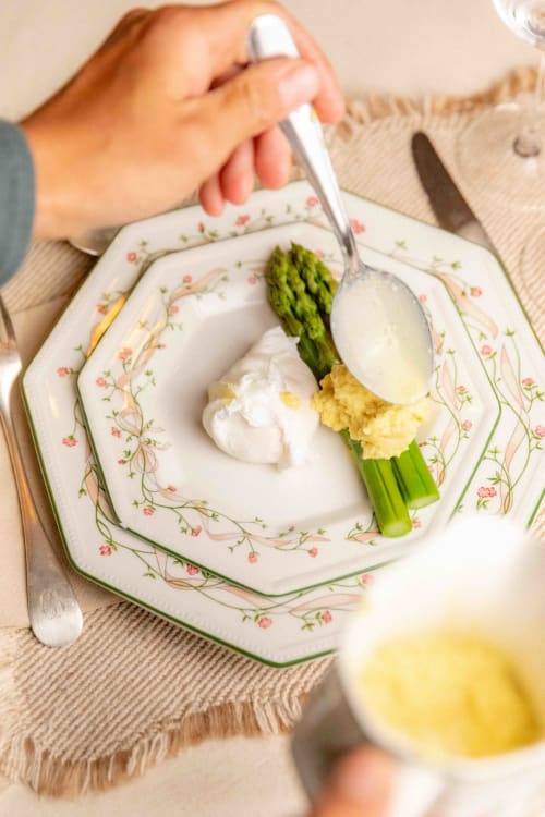 Elegant plated asparagus dish at Moulin de Gaubourg bed and breakfast in Anjou, France