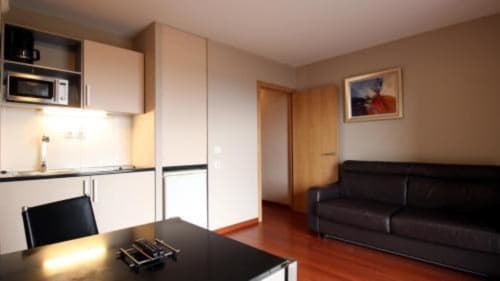 Modern 2-bedroom apartment at Les Balcons du Sancy with kitchen, living room, sofa, and hardwood floors