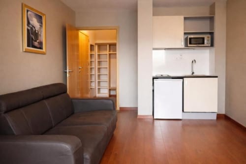 Studio Supérieur aux Balcons du Sancy avec canapé en cuir marron, kitchenette, porte en bois et parquet