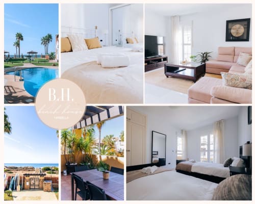 Collage del apartamento de lujo frente al mar en Marbella: dormitorio, sala, piscina y terraza con vistas al mar