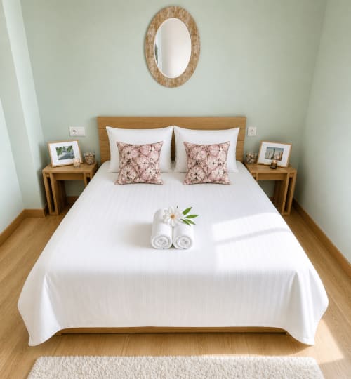 Dormitorio moderno y luminoso en apartamento de Baiona con cama de madera, ropa blanca, cojines decorativos y flores frescas