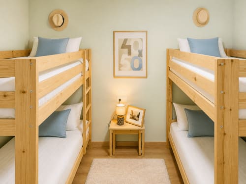 Luminoso dormitorio familiar con dos literas de madera, almohadas azules y decoración náutica en el apartamento Holibai Baiona