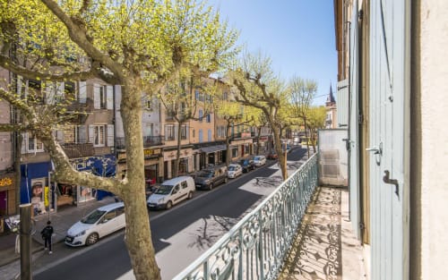 Balcony view of Le Central apartment in Millau's historic city center, overlooking tree-lined street with local shops and