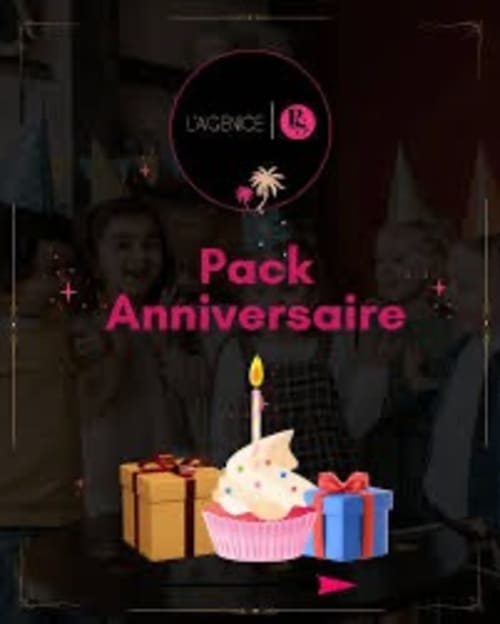 L'Essence nightclub anniversary pack promotion with festive cake, gifts, and pink neon branding