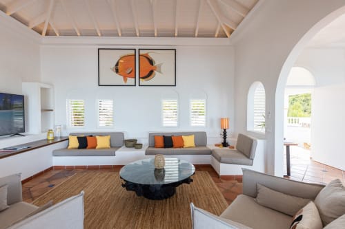 Salon moderne de la Villa Agama à Saint-Martin avec canapés gris, accents orange, fenêtres cintrées et œuvres de poissons