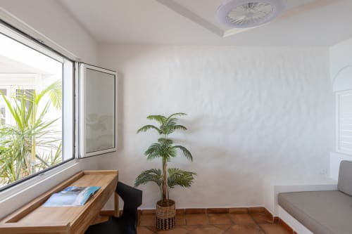 Chambre lumineuse à la Villa Agama à Saint-Martin avec vue sur la fenêtre, bureau en bois, plante palmier en pot et lit