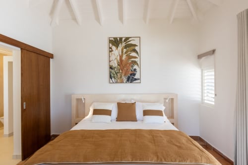Chambre moderne de la Villa Agama à Saint-Martin avec murs blancs, lit en bois, coussins terre cuite et décoration botanique