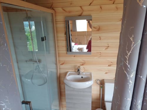 Modern bathroom in Douglas room at La Maison de Dun BnB with glass shower, white sink, and wooden walls