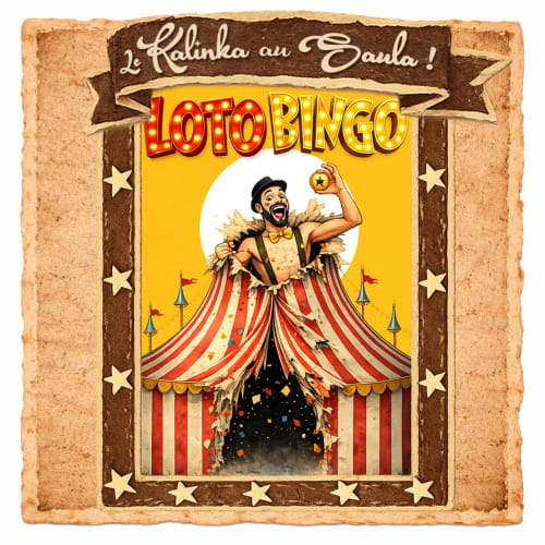 Affiche de cirque vintage pour Loto Bingo à La Maison du Saula, Lafrançaise, avec un maître de piste joyeux