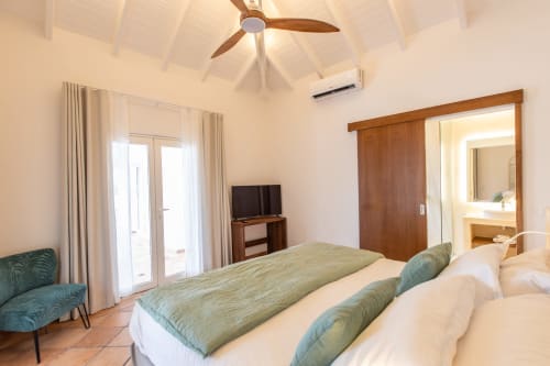 Chambre spacieuse à la Villa Agama, Saint-Martin avec lits jumeaux, ventilateur de plafond, salle de bains privée et accès à la terrasse