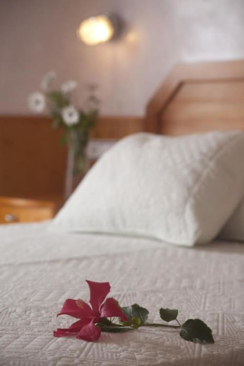 Acogedora habitación doble en Hostal Mar de Frente con almohadas blancas, flor roja en la cama e iluminación ambiental
