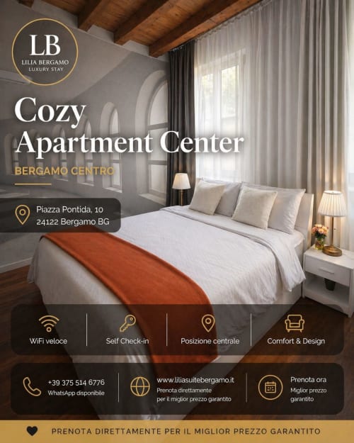 Accogliente appartamento di lusso nel centro di Bergamo con letto moderno, travi in legno e arredamento elegante
