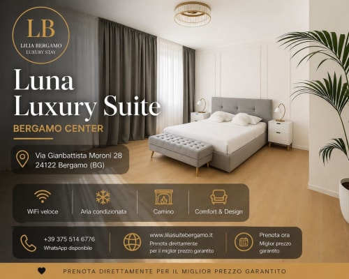 Camera Luna Luxury Suite a Bergamo con letto grigio, arredi moderni e pavimenti in legno presso Lilia Bergamo