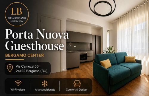 Porta Nuova Guesthouse, Bergamo - Appartamento moderno con divano turchese, cucina, pavimenti in legno e luce naturale