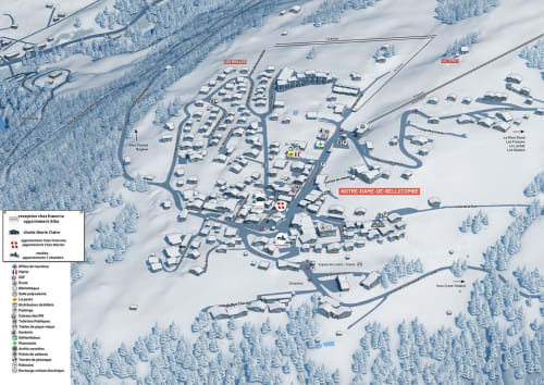 Carte aérienne de la station de ski Notre-Dame-de-Bellecombe montrant la localisation de l'hôtel Chez Francine dans les Alpes françaises enneigées