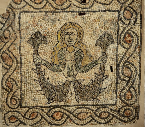 Ancient Roman mosaic with figure and decorative border at Cristallo Apartment, Ravenna Italy