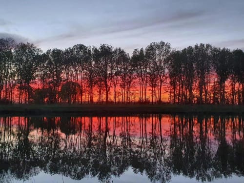 Magnifique reflet du coucher de soleil sur les eaux calmes de l'Hôtel le Vauban à Carentan, arbres en silhouette