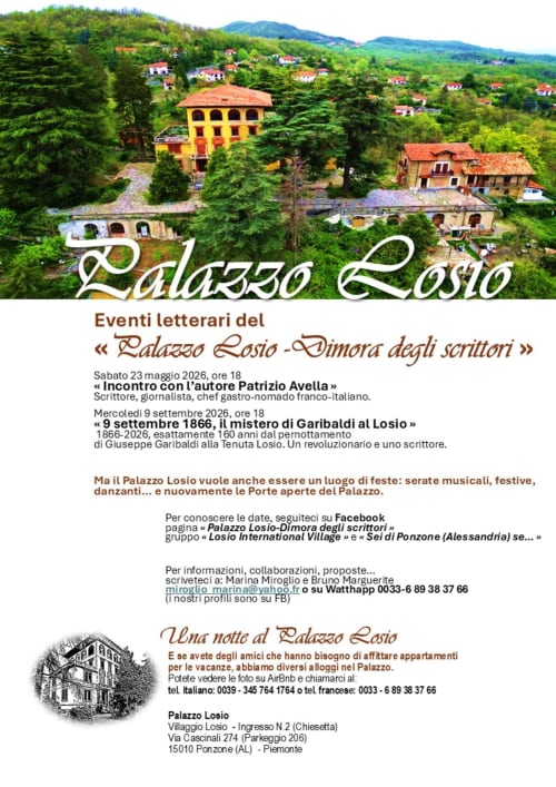 Affiche événements littéraires Palazzo Losio : demeure jaune pittoresque dans les collines du Piémont avec programme et coordonnées