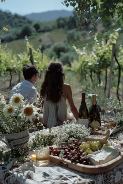 Couple enjoying wine tasting at Domaine Alga vineyard in Bourg-Charente with grapes, flowers, and rolling hills