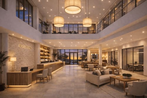 Modern luxury hotel lobby at DakarByDays with reception desk, contemporary seating, pendant lighting, and ocean views at