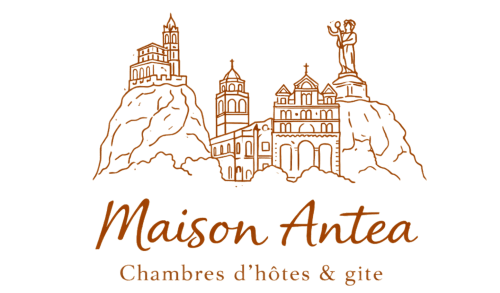 Logo Maison Antea présentant les églises emblématiques du Puy-en-Velay et la statue dans un style illustration rouille