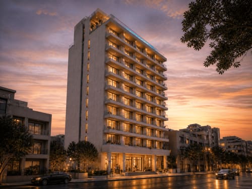 DakarByDays hotel in Dakar at dusk with illuminated facade, modern architecture, and tree-lined street