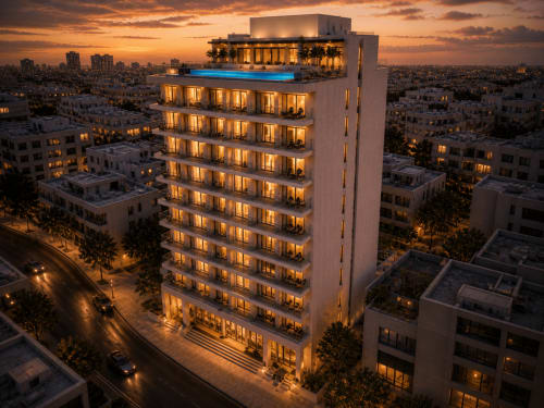 DakarByDays hotel in Dakar illuminated at sunset with golden-lit facade overlooking the city skyline