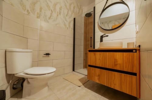 Moderno baño del apartamento La Dormilona en el hotel Gestyp-AT de Mérida con tocador de madera y ducha tipo walk-in