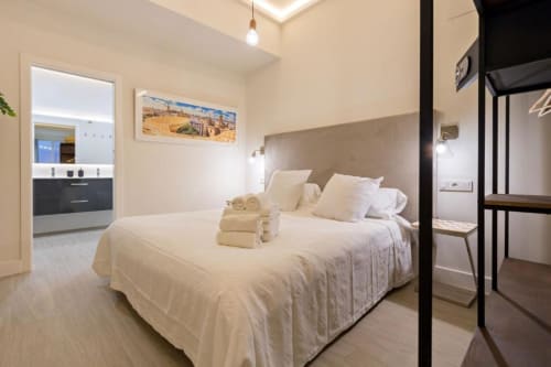 Habitación luminosa en apartamento Calma Places Almirante Hoyos de Sevilla con cama queen, baño privado y equipamiento moderno