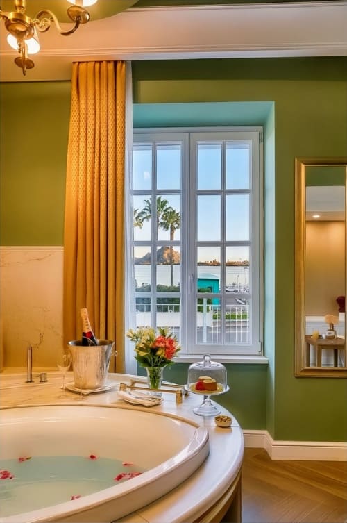 Lussuosa camera Deluxe a Villa Oteri con vasca immersione, vista lago da porte francesi, tende dorate e pareti verdi
