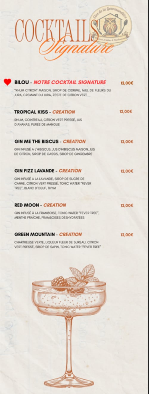 Clos De La Gourmandiere signature cocktail menu featuring gin-based drinks priced at 12€ each in Saint-Lothain