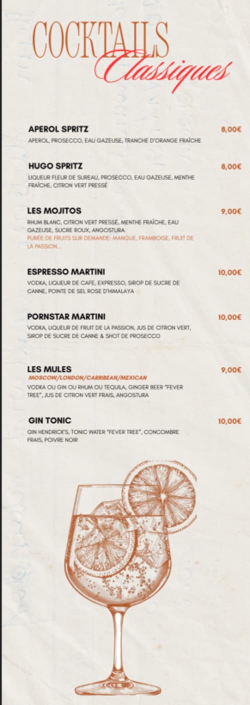 Cocktails Classiques menu from Clos De La Gourmanderie featuring Aperol Spritz, Mojitos, Martinis, and Gin Tonic in