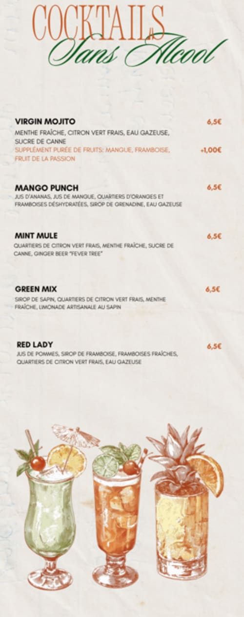 Cocktails Sans Alcool menu at Clos De La Gourmanderie featuring Virgin Mojito, Mango Punch, Mint Mule and more alcohol-free