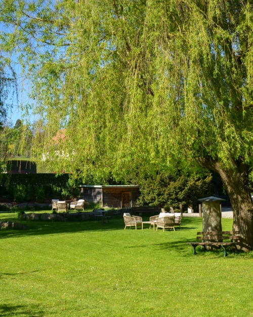 Jardin verdoyant de l'Hôtel Des Vosges à Sommerau avec saules pleureurs, pelouse soignée et espaces détente en rotin
